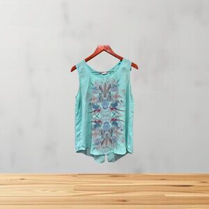 PEARL Sleeveless Blouse Women Size M Light Turquoise floral Print Boho Summer